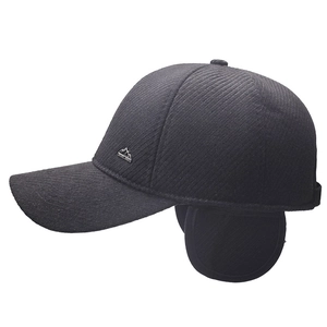 Winter men's baseball cap with ear flaps in dark grey thick warm fleece lined fabric