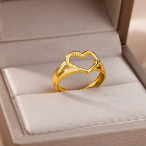 Detail of 18k gold plated stainless steel hollow heart ring with textured edge design