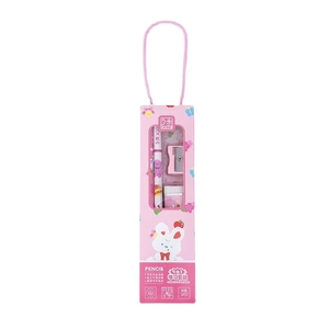 5-in-1 pink stationery set with cartoon rabbit pencils, ruler, sharpener and eraser