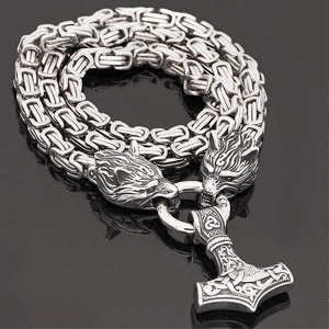 Collier viking argenté avec têtes de loup et pendentif marteau de thor mjolnir