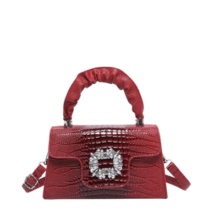 Red crocodile texture shoulder bag with diamond buckle and ruched cloud handle