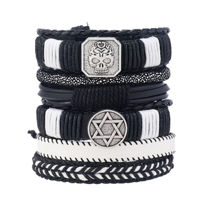 Men's punk leather braided bracelet set with skull and hexagram metal charms