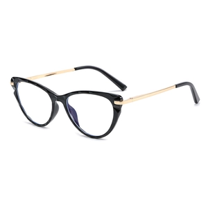 Cat eye optical frame with black rims and gold metal temples in 45-degree view