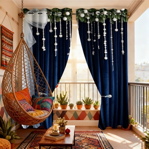 Detail of dark blue velvet Christmas curtains with pine needles and white bauble decor