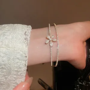 Elegant gold zircon flower double layer open bangle with sparkling crystal pave setting