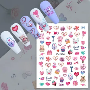 Detail of JO-2486 nail stickers featuring romantic hearts, teddy bears and Cupid motifs