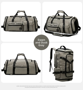 Multi-angle view of the grey travel duffle bag showing various carry modes and pockets