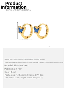 Detail view of gold butterfly earrings with blue enamel, size 16mm x 18mm