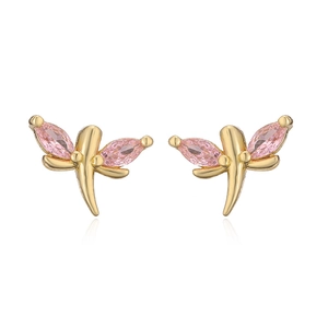 Detailed macro of gold dragonfly earrings featuring pink marquise-cut crystal wings