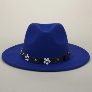 Classic royal blue wool fedora hat with white flower petals and silver metal rivets