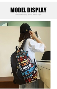 Detail of ethnic geometric pattern on a durable black canvas backpack with keychains