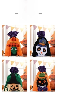 Collage of four Halloween drawstring gift bags with witch, skull, pumpkin, and cat motifs