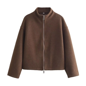 Women's dark brown stand collar wool jacket with silver double zipper closure