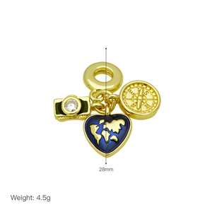 Travel theme gold pendant with camera, compass and blue heart map charms, 28mm height