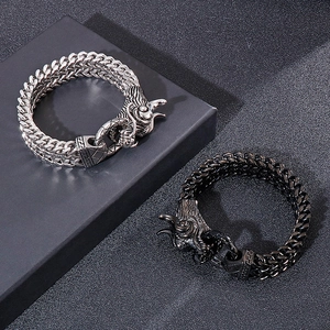 Close-up of silver and black dragon head bracelets with intricate braided metal chains