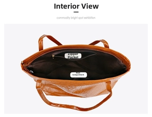 Interior detail of crocodile pattern tote bag showing main compartment and zipper pocket