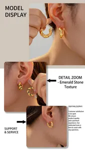 Close-up of model wearing U-shaped twisted titanium earrings with inlaid cubic zirconia