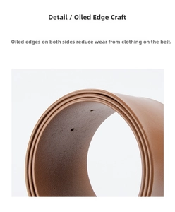 Detailed close-up showing the smooth brown leather belt with professional edge oil finish