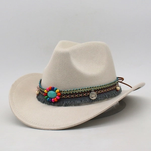 Cream suede cowboy hat with turquoise beads, metal coins and ethnic woven band