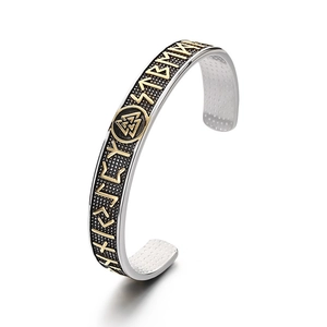 Vintage Viking rune textured bangle with golden Valknut symbol for men in stainless steel