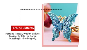 Detailed close-up of blue butterfly keychain with crystal rhinestones on a gold frame