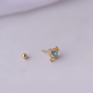 Gold titanium steel cartilage stud earring with heart blue zircon and screw ball back