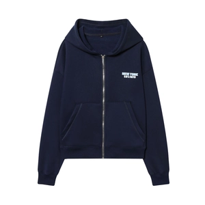 Dark blue zip-up hoodie featuring New York EST.1975 print with knitted texture detail