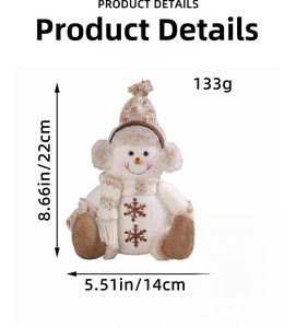 Dimensions détaillées du bonhomme de neige en peluche de 22cm et motifs de flocons bruns