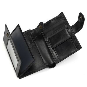 Three-fold black genuine leather wallet with multiple card slots and clear ID window