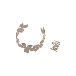 Silver metal floral cuff bracelet and ring set with realistic leaf vein texture details
