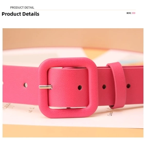 Close-up of pink leather belt with color-matched square buckle and precise holes