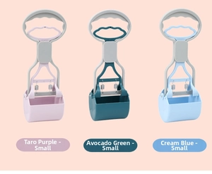 Portable pet waste scoopers in pastel purple, green and blue colors, size small