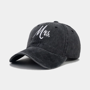 Detailed close-up of Mrs. embroidery on dark gray washed cotton baseball cap