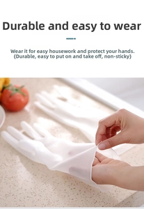Close-up of white translucent household glove showing high elasticity and durable PVC material