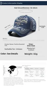 Size chart for vintage washed cotton baseball cap with detailed head measurements