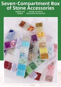 Detailed view of a 7-grid container with colorful irregular glass stones and faux pearls