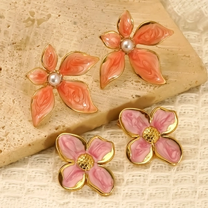 Flower Stud Earrings 304 Stainless Steel 18K Gold Plated Enamel Drip Oil Faux Artificial Pearl Vintage Style Women Jewelry