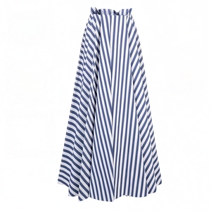 Detailed view of high-waist A-line long skirt with blue and white vertical stripes