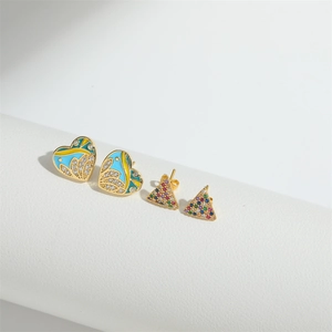 Minimalist heart and triangle stud earrings with blue enamel and colorful zircon stones