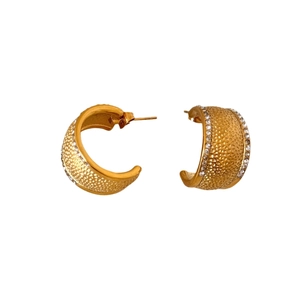 Textured gold C-shape hoop earrings with small crystals on a clean white background