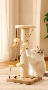 Vertical cat scratching post with sisal rope, feathers, and four interactive play balls