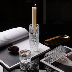 Elegant clear textured glass candle holders in a romantic table setting arrangement