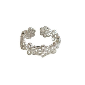 Minimalist silver lace flower open ring with adjustable hollow floral band design