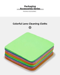 Stack of colorful microfiber cleaning cloths for eyewear with rounded corner edges