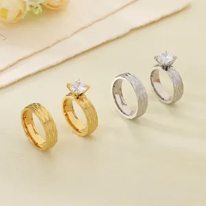 Rhombus Textured Stainless Steel Ring Geometric Cubic Zirconia Four Prong Setting 18K Gold Plated Wedding Couple Jewelry