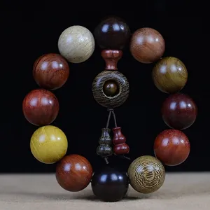 Multi Color Natural Wood Bead Bracelet With Gourd Charm Zen Buddhist Prayer Ethnic Style Men Women Hand Polished