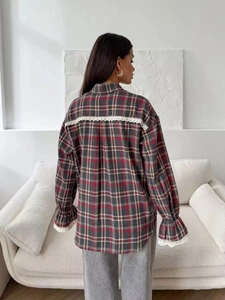 Vintage loose plaid shirt for women in red and grey with delicate white lace trim details