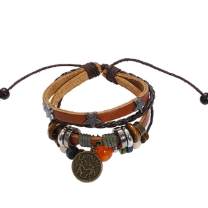 Retro multilayer leather zodiac bracelet with Gemini bronze pendant and wooden beads