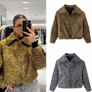 Women Shimmer Metallic Texture Bomber Jacket Long Sleeve Lapel Zippered Short Coat Streetwear Pockets Casual