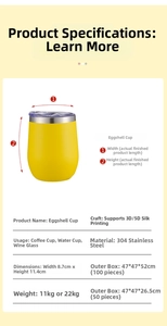 Detail showing 12oz yellow stainless steel eggshell cup dimensions and 304 material